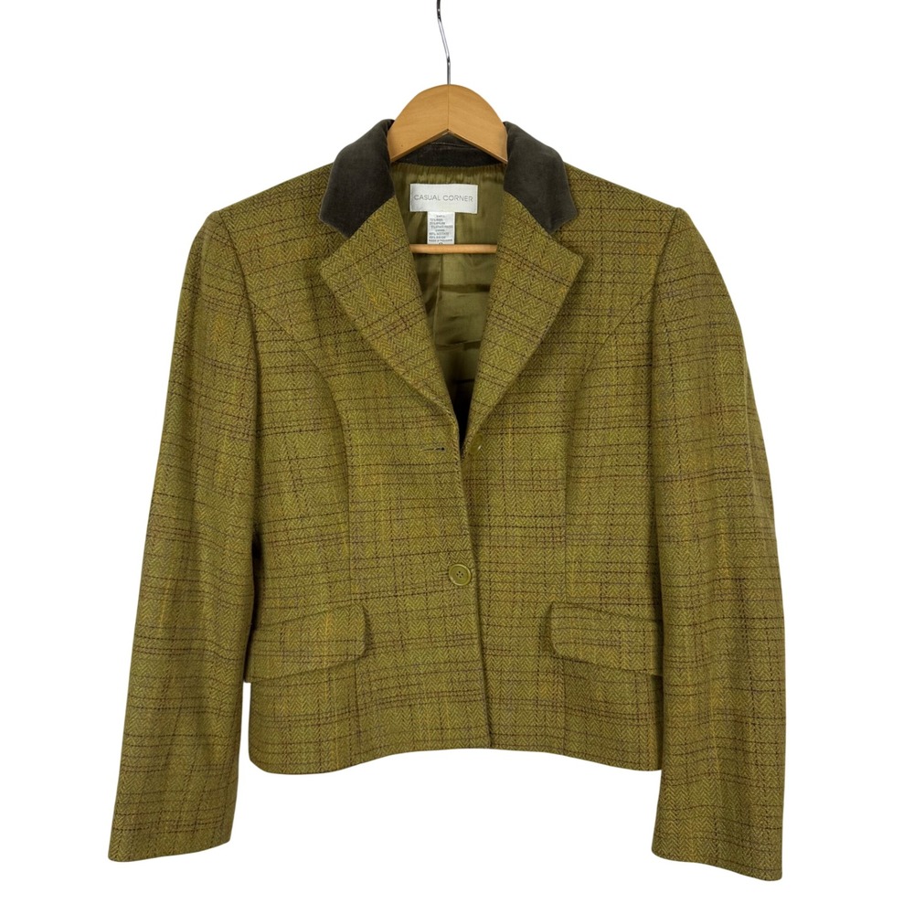 Casual Corner Blazer Size 8 Green Brown Plaid Wool‎ Blend Velvet Collar